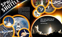 A page about space Shuttles that has the sun coming over the horizon of earth and circles of light with pictures of space shuttles in them.